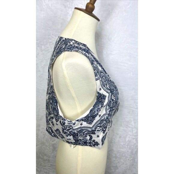 C&C California Twist Front Crop Top 100% Linen Blue Ivory Size XL NEW - Picture 6 of 8